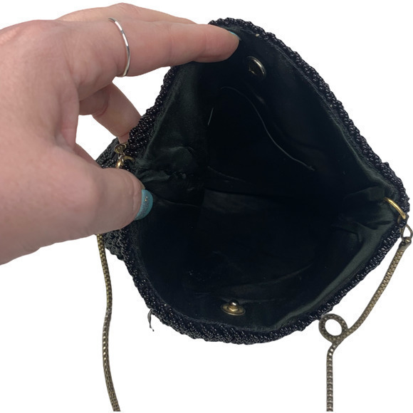 LA REGALE Black Beaded Evening Hand Bag w/Shoulder‎ Chain Strap - Picture 6 of 11